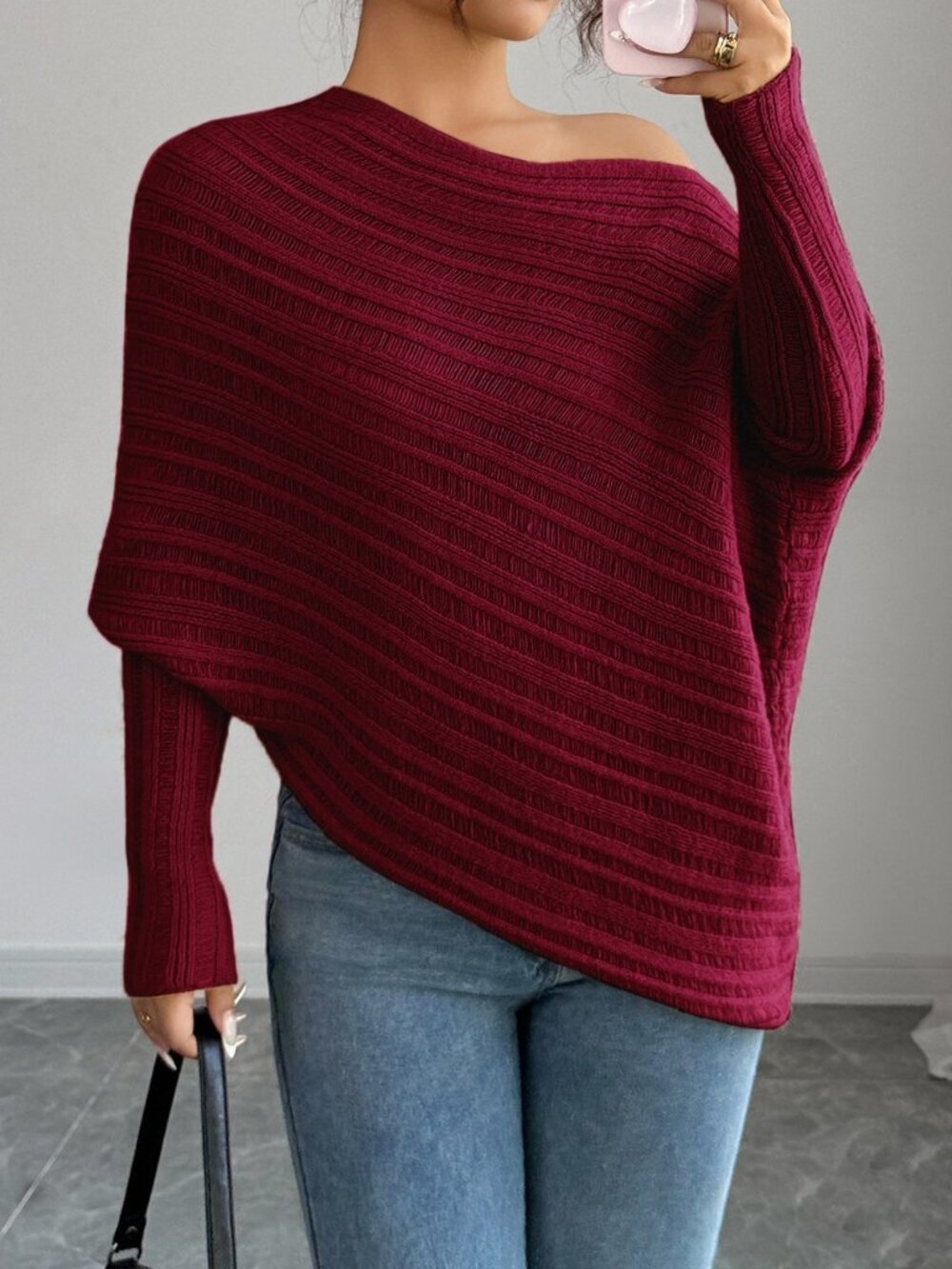 Burgundy Casual Women's Asymmetrical Rib-Knit Batwing Pullovers